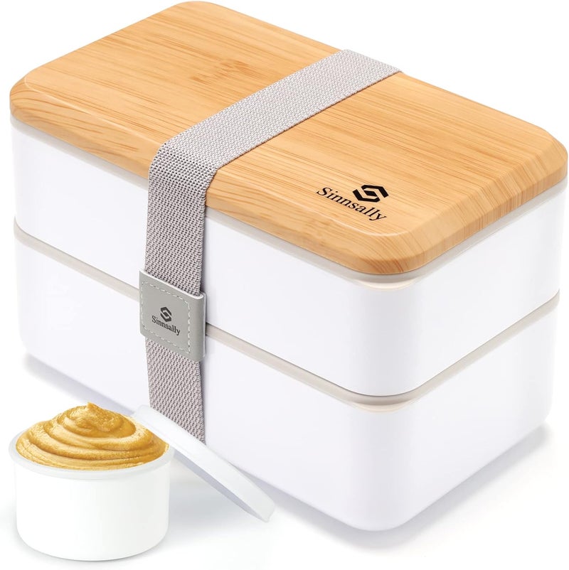 Sinnsally Lunch Box for Adult,1400ml Stackable Japanese Bento Lunch Box for Women,Lunch Containers with Food Compartments,Rectangle Bento Box with Cutlery Set,Leak-proof,Microwave Safe (White) - Image 1